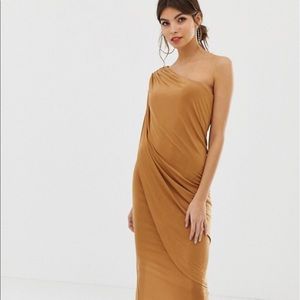 one shoulder drape slinky midi dress